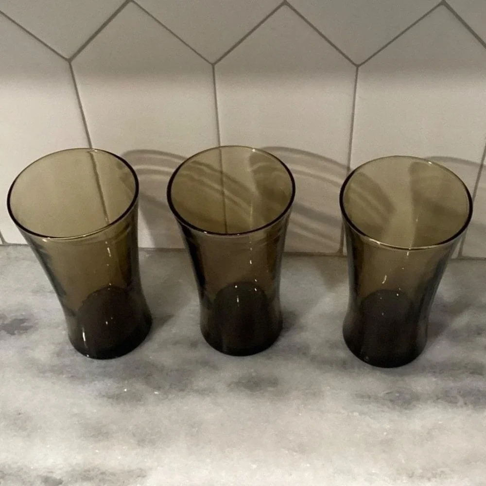 Anchor Hocking Linden Mocha Tumblers,‎ Set of 3, Vintage Tawny Brown Glasses